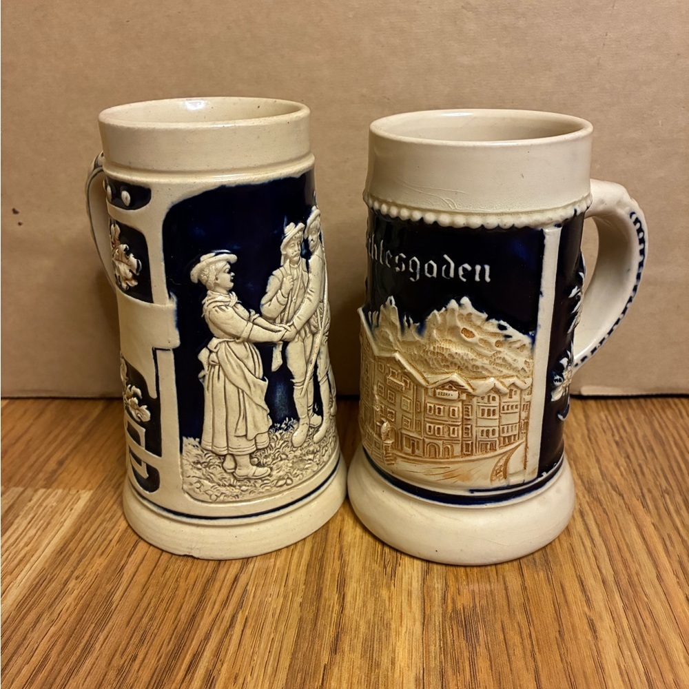 Vintage Early 1900's Small Ceramic Stoneware German Beer Stein Set Of 2 Bundle